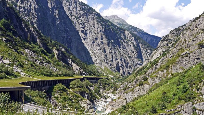 The road through the Schöllenen gorge between sheer granite walls, the gateway to Andermatt