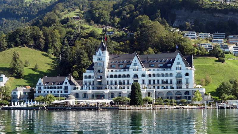 The turreted Park Hotel Vitznau on the shore of Lake Lucerne