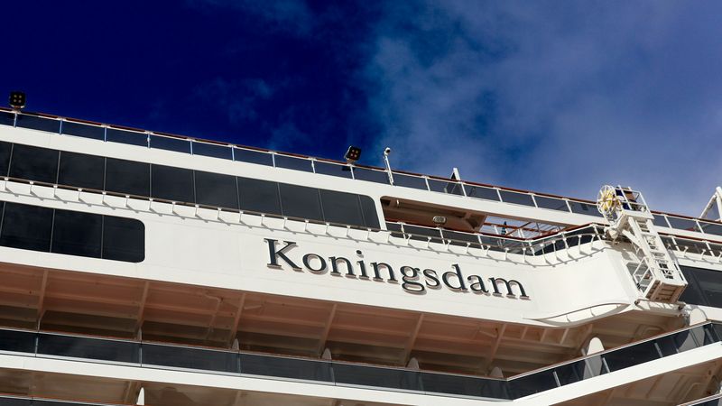 The name of Koningsdam on her upper decks