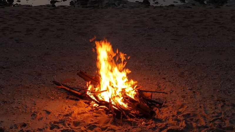 A driftwood fire burning on the sand at dusk