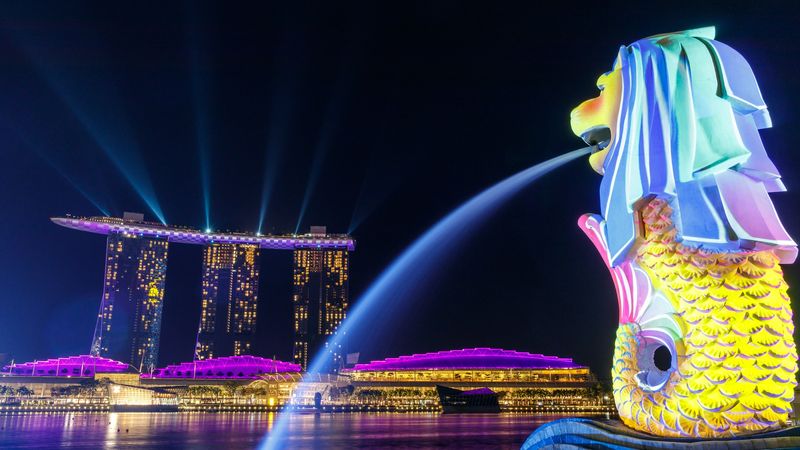 The Merlion and Marina Bay Sands at night