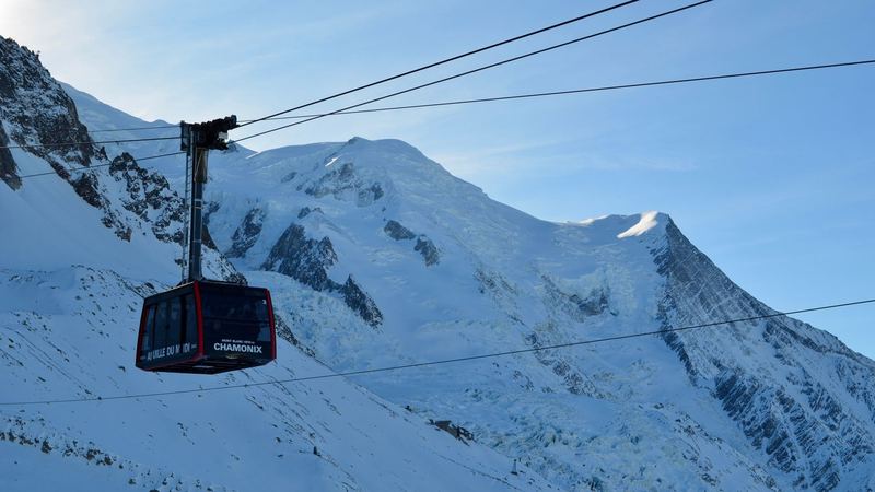 The Aiguille du Midi cable car crossing the snowfields below Mont Blanc