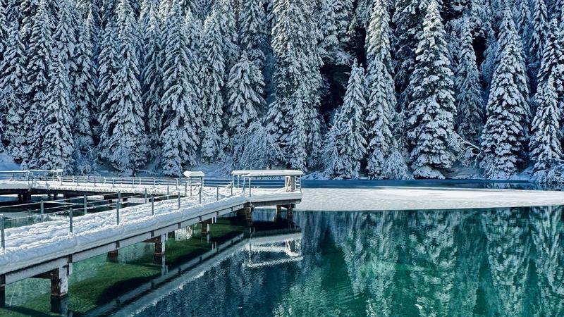 A turquoise lake and a snow-covered jetty below a forest of snowy firs, Courchevel