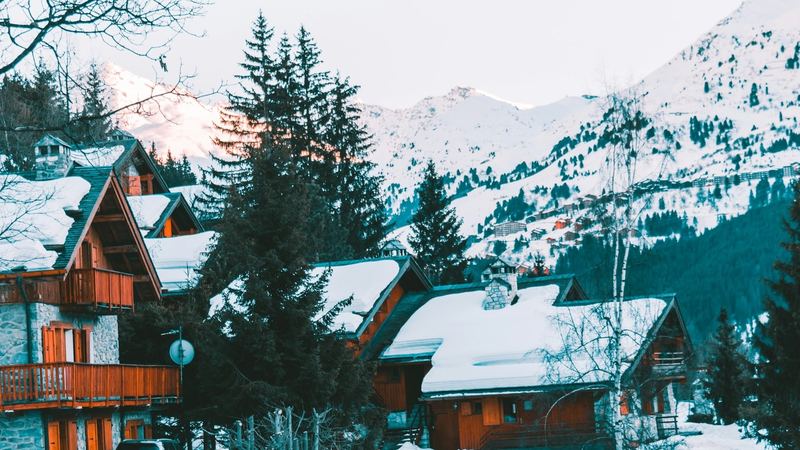 Snow-covered wooden chalets among the fir trees, Méribel