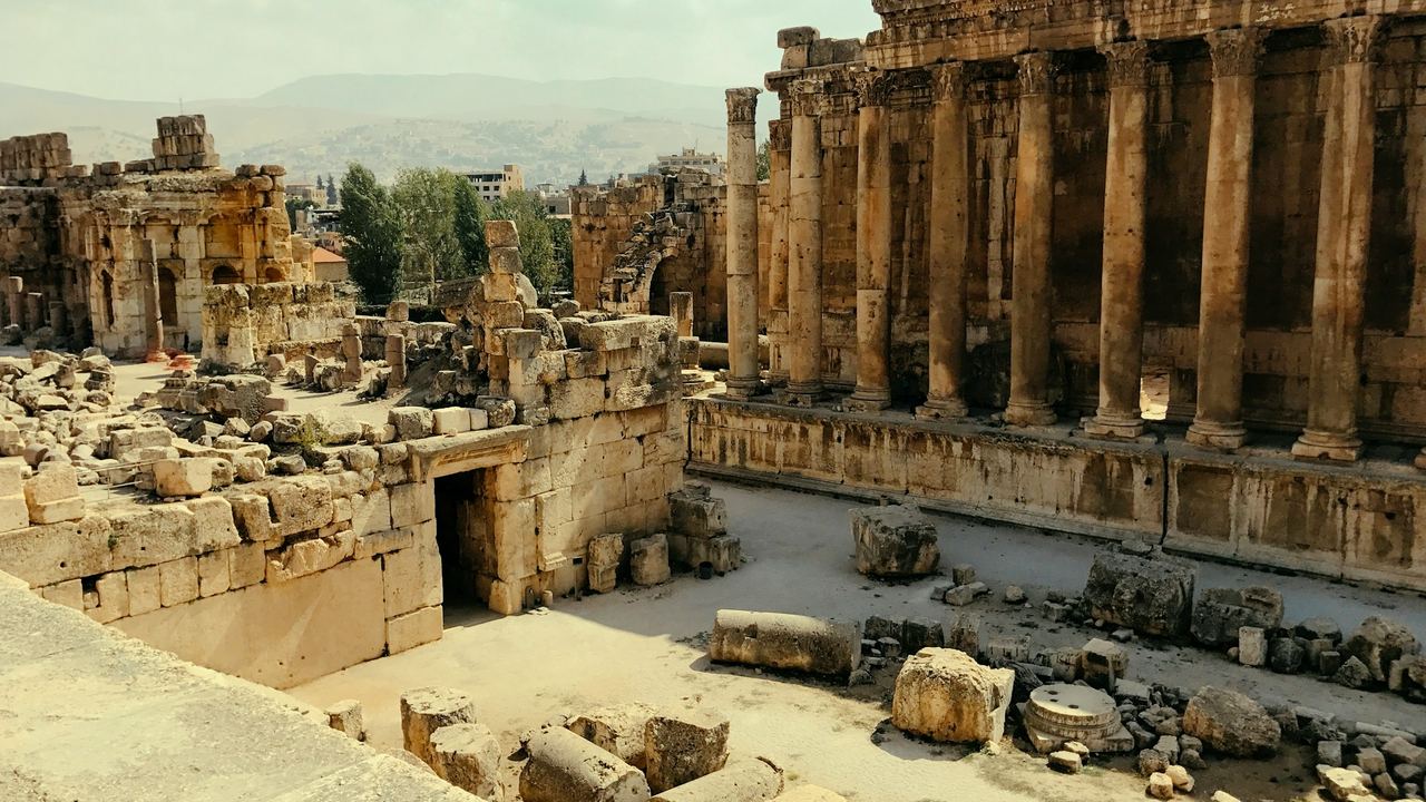 The great columns of the Temple of Bacchus among the ruins of Baalbek