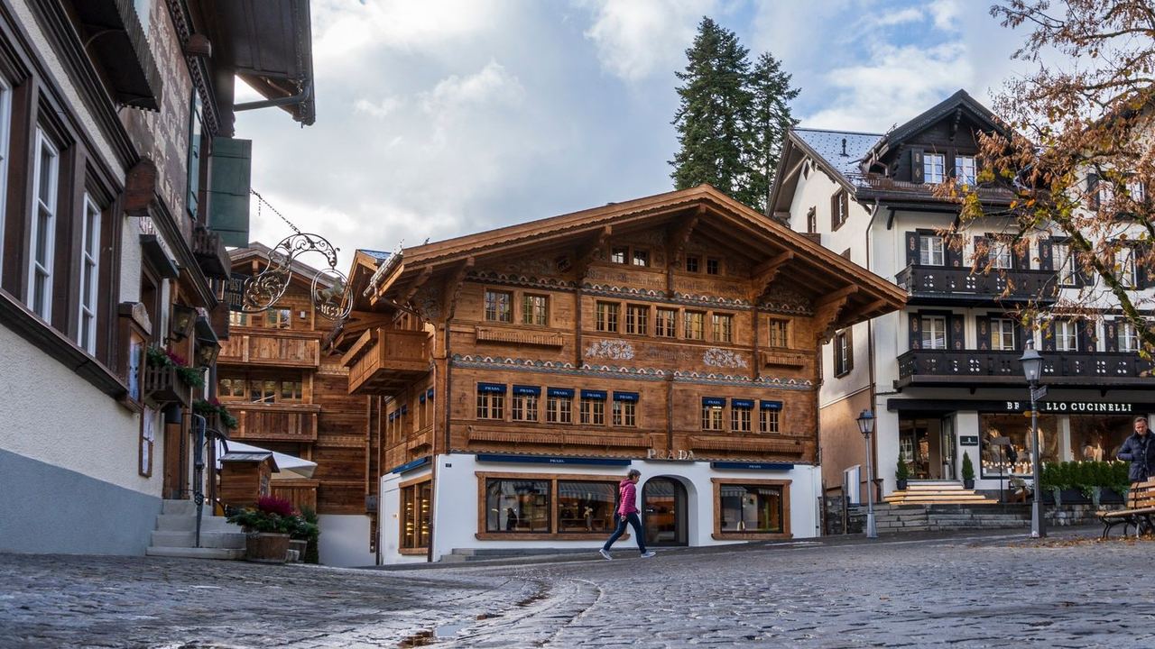 Carved chalets and boutiques on the Promenade, Gstaad