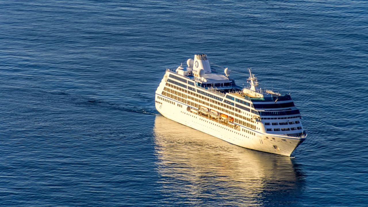 A cruise ship in the evening light off Monaco