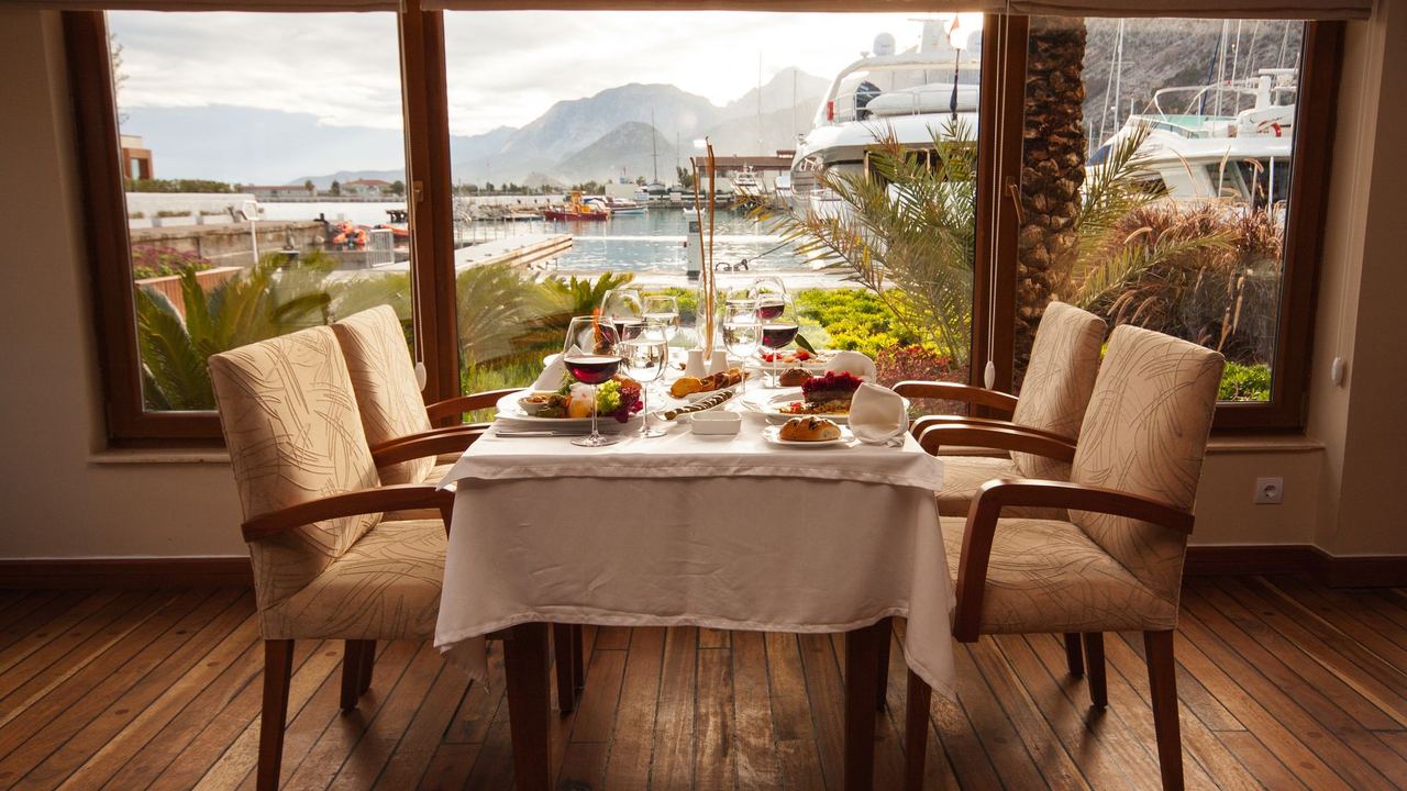 A table set by a marina