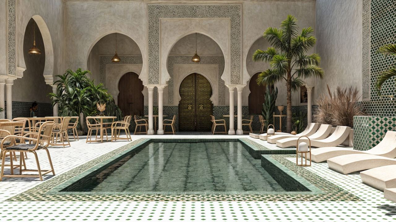 A Moroccan riad courtyard with arches, green tiles and a still pool