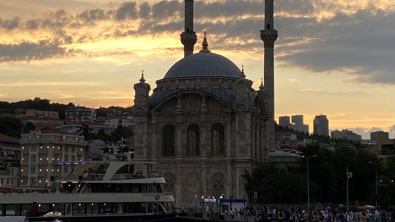 The Ortaköy Mosque on the Bosphorus at sunset, Istanbul