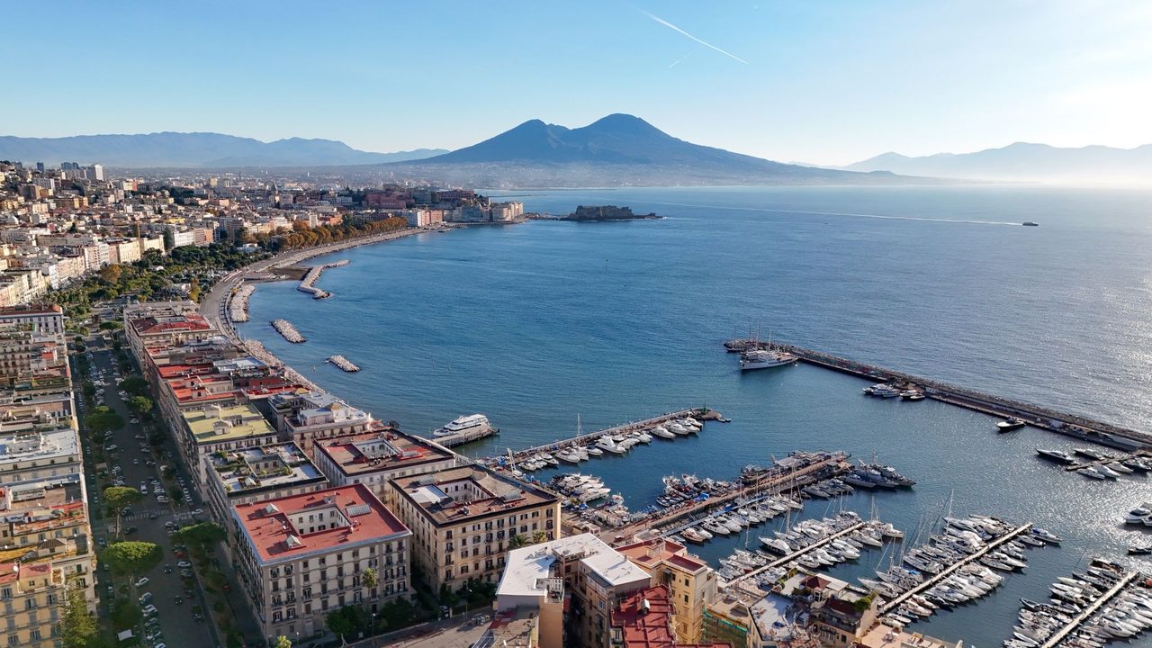 The Bay of Naples, Castel dell'Ovo and Vesuvius above the marina