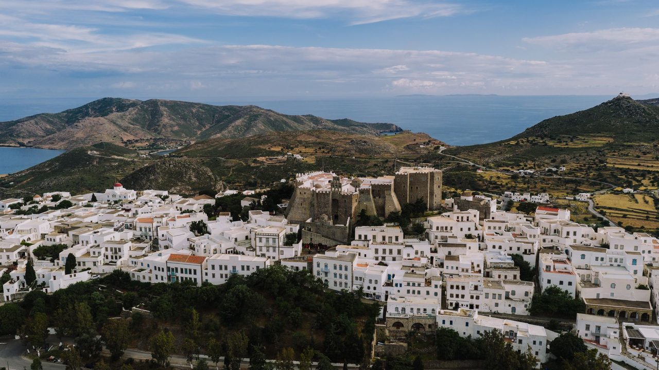 Chora and the fortified Monastery of St John above the island of Patmos
