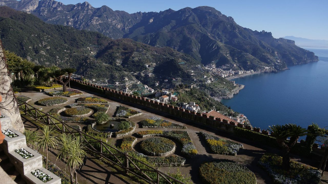 The garden terrace of a Ravello villa high above the Amalfi Coast, Maiori and the sea below