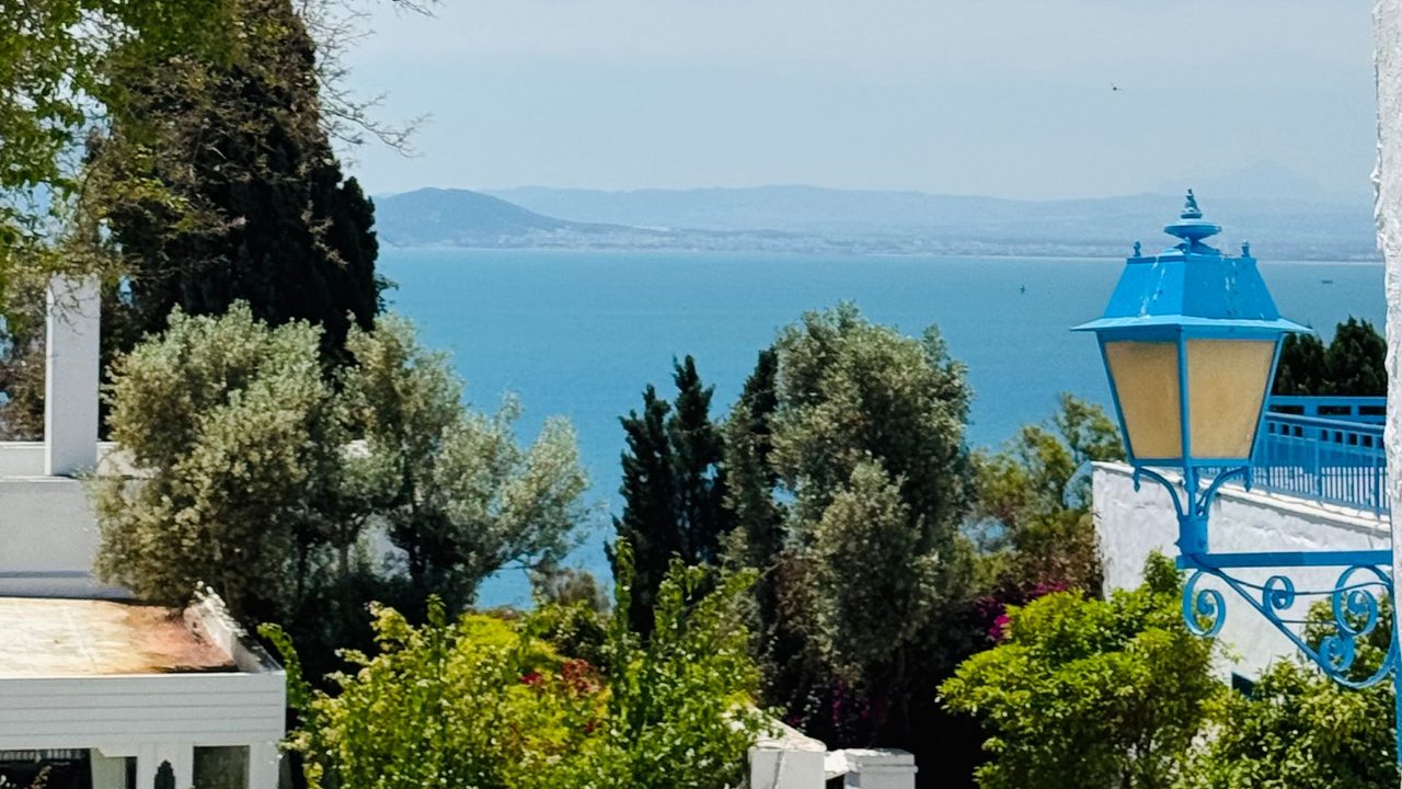 A blue lantern and white walls above the Gulf of Tunis, Sidi Bou Said