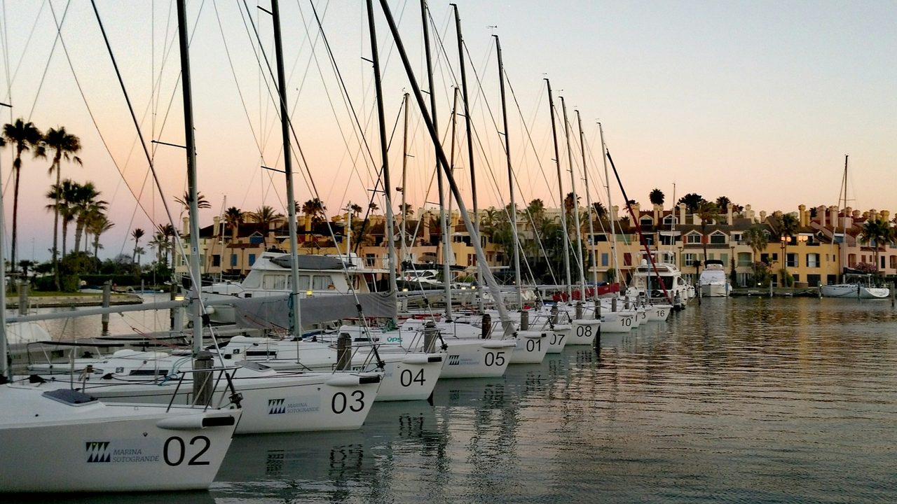 Yachts moored in Sotogrande marina at dusk, palms and harbour houses behind
