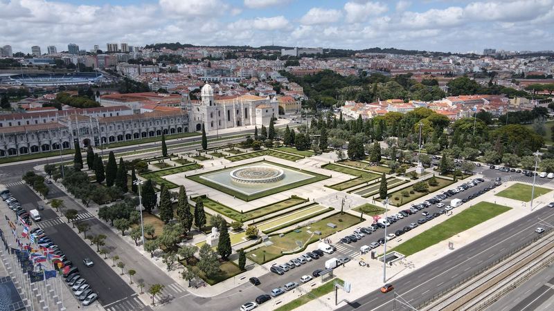 Jerónimos Monastery and the formal gardens of the Praça do Império in Belém, Lisbon, from the air